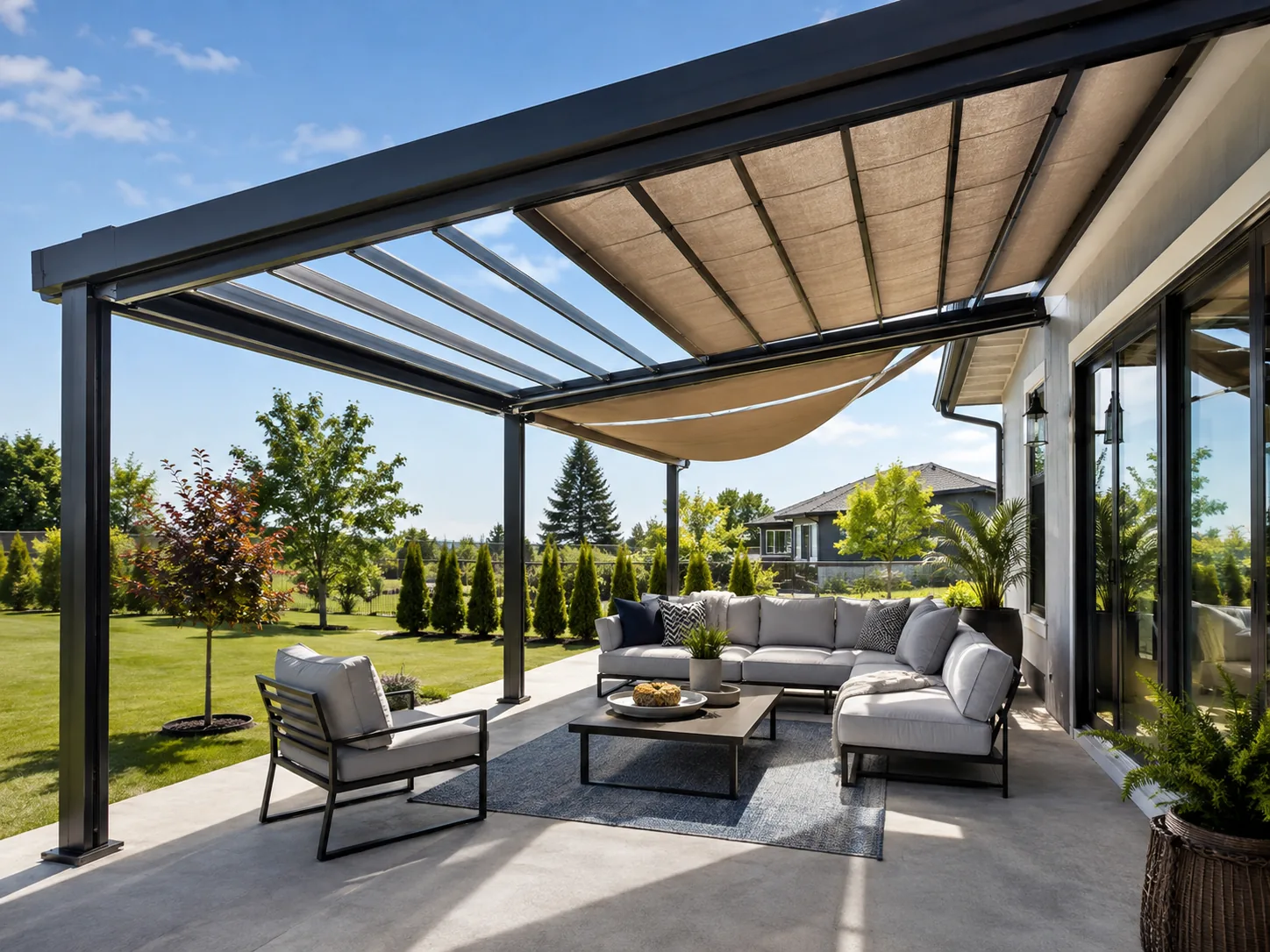 Covered patio with retractable shade in Winnipeg