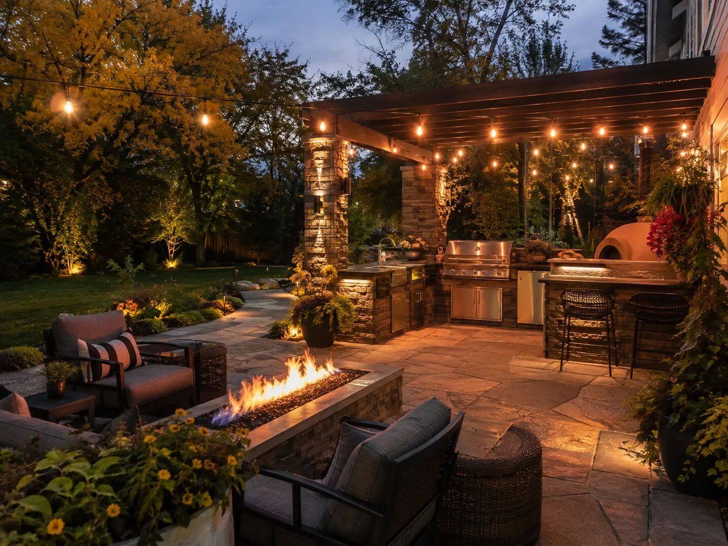 Stone patio and outdoor kitchen in a Winnipeg backyard